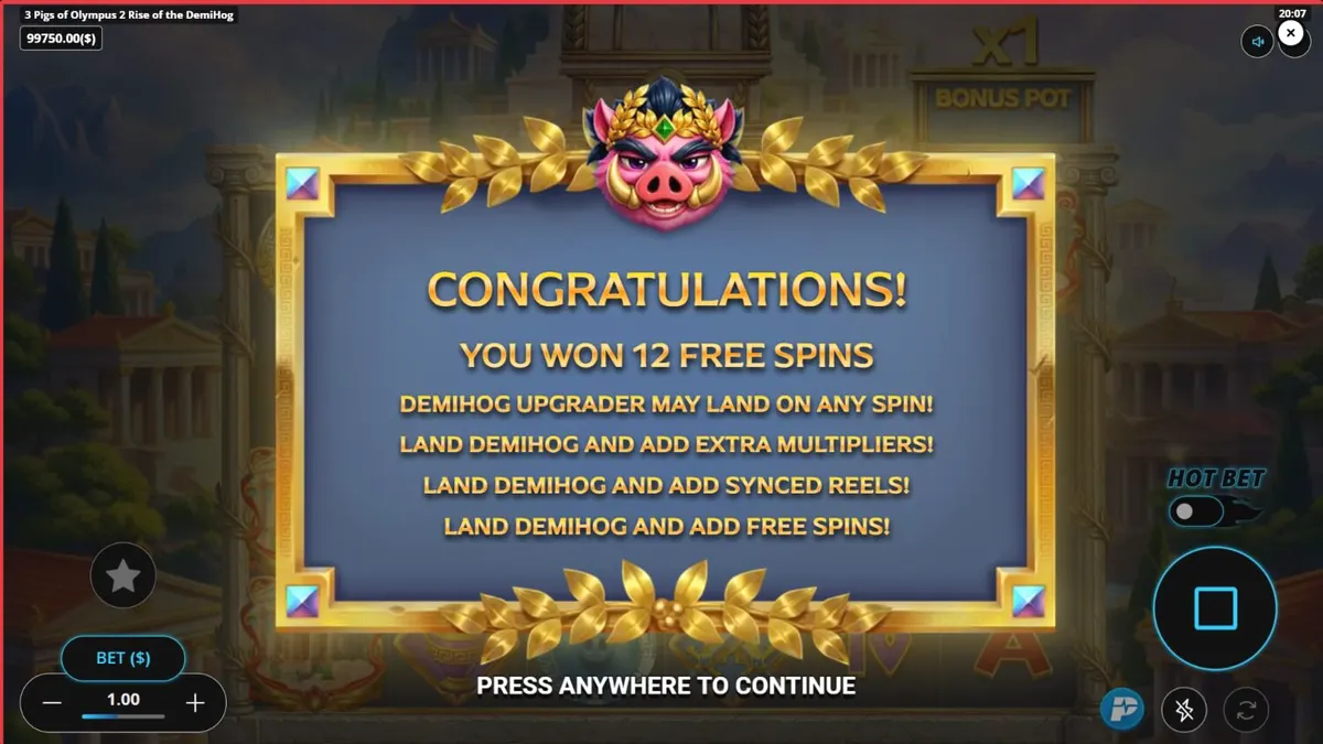 Tampilan visual slot 3 Pigs of Olympus 2 Rise of the DemiHog dengan tema mitologi Yunani dan babi pahlawan.