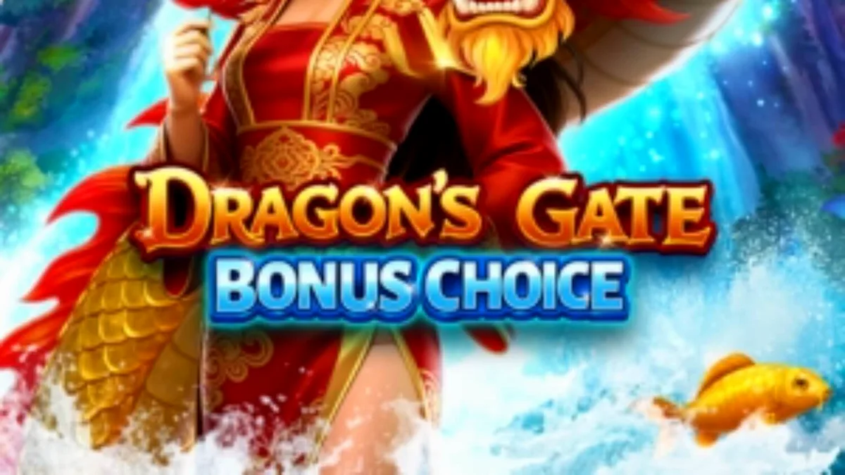Pemandangan visual slot Dragon’s Gate Bonus Choice dengan naga emas dan air terjun
